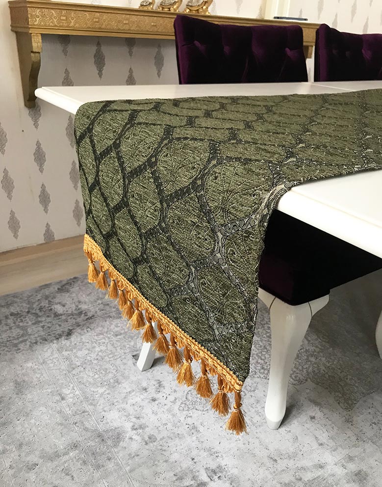 Green Traditional Elegant Luxury Turkish Table Runner Wholesale Arabic Style Oriental Collection Tablecloth Hotel Textiles Decorative Cheap Price Authentic Design Table Runners