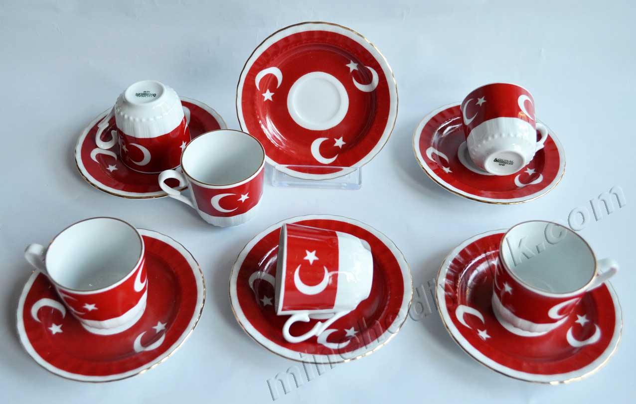 Ay yıldız Türk Bayrağı Fincan Takımları Altılı  6 lı Takım Hediyelik altı Kişilik kurumsal promosyon Kahve Fincanları Toptan Satış Fiyatları