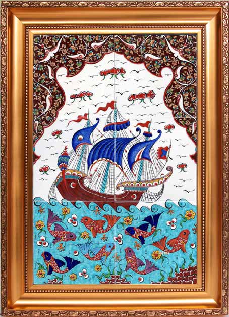Gemili Çini Pano Osmanlı Kalyonlu Kadırgalı Filikalı