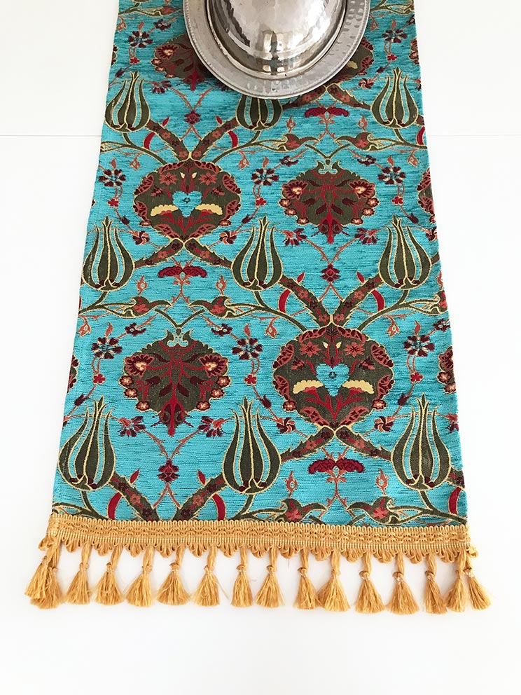 Turquoise Tulip Patterned Elegant Tassles Turkish Tablecloth Boho Aztec Style Luxury Hotel Decor Textiles Wholesale Table Runner Turistik Hediyelik Sıradışı Motifli Ranırlar