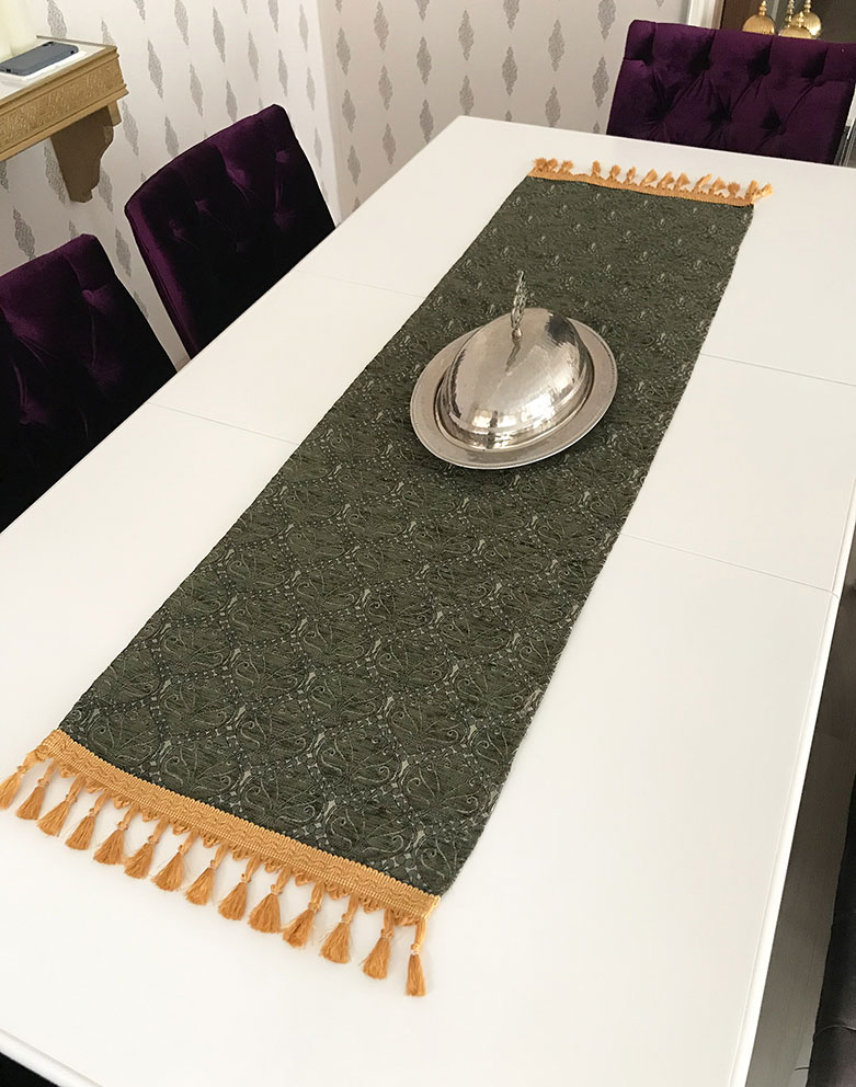 Green Traditional Elegant Luxury Turkish Table Runner Wholesale Arabic Style Oriental Collection Tablecloth Hotel Textiles Decorative Cheap Price Authentic Design Table Runners