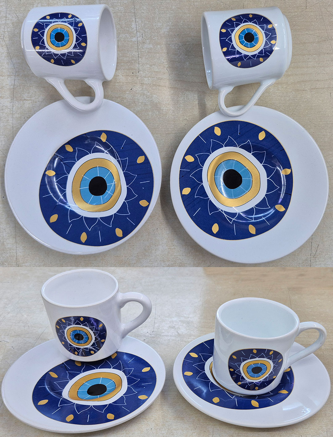 Seramik Ekonomik Uygun Fiyatlı  İki Kişilik Türk Kahvesi Fincan Takımları Osmanlı Çini Desenli Motifli Nazar Boncuklu Nazar Desenli