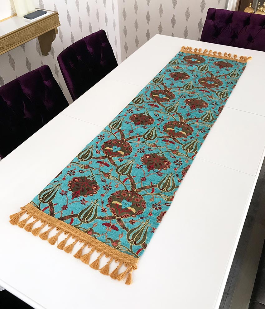 Turquoise Tulip Patterned Elegant Tassles Turkish Tablecloth Boho Aztec Style Luxury Hotel Decor Textiles Wholesale Table Runner Turistik Hediyelik Sıradışı Motifli Ranırlar