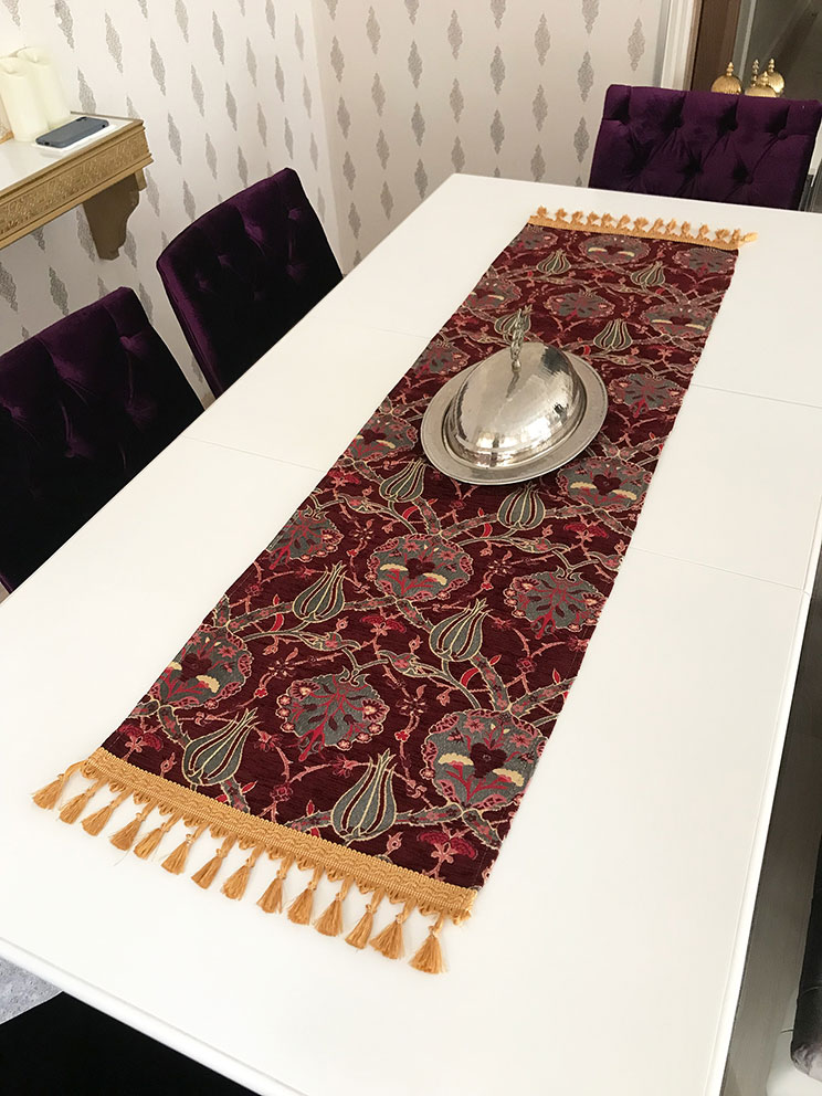 Wholesale Retail Soft Cotton Woven Fabric Turkish Oriental Ethnic Red Tulip Pattern Table Runner Toptan Cafe Restaurant Otel Tekstili Ottoman Design Dekoratif Vintage Ranırlar 